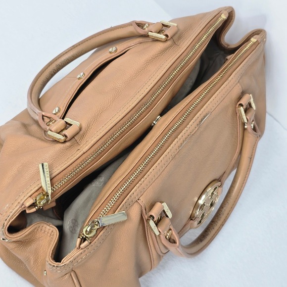 Tory Burch Amanda Double Zip Tote Bag Aged Vachetta Tan Satchel Handbag READ - Picture 3 of 16